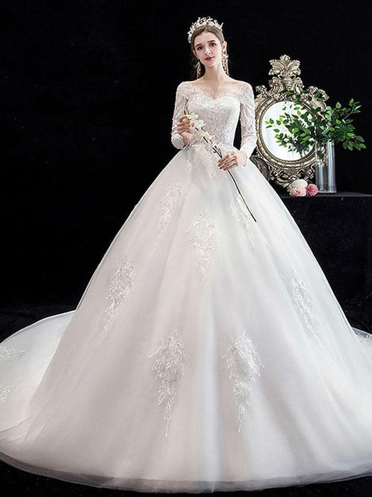 White Wedding Dress Ball Gown Cathedral Train Jewel Neck 3/4 Length Sleeves Natural Waist Applique Satin Fabric Bridal Dresses