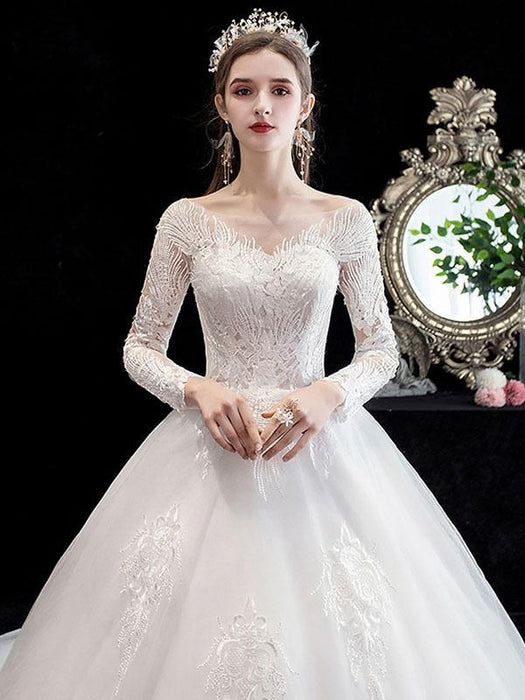 White Wedding Dress Ball Gown Cathedral Train Jewel Neck 3/4 Length Sleeves Natural Waist Applique Satin Fabric Bridal Dresses