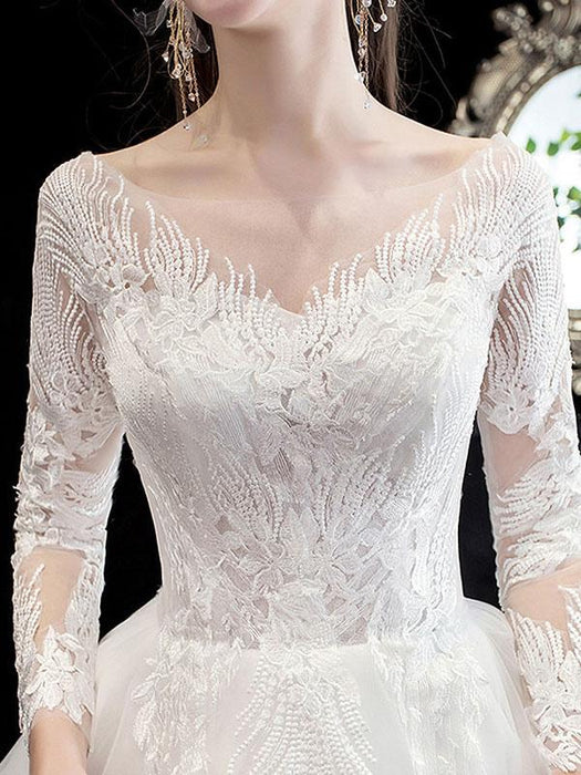 White Wedding Dress Ball Gown Cathedral Train Jewel Neck 3/4 Length Sleeves Natural Waist Applique Satin Fabric Bridal Dresses