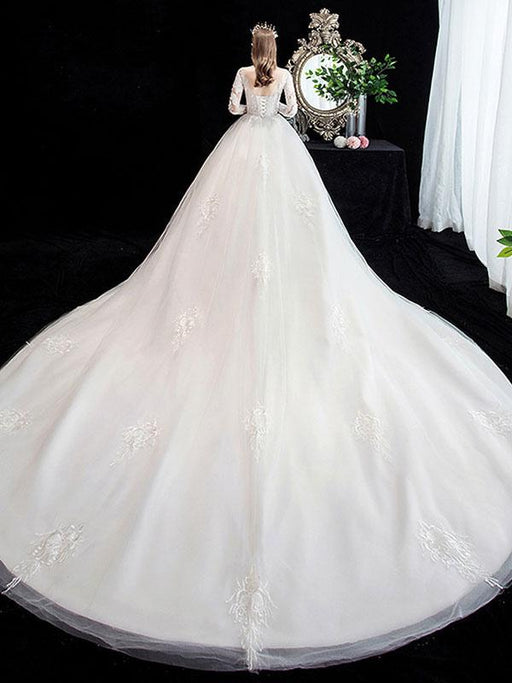 White Wedding Dress Ball Gown Cathedral Train Jewel Neck 3/4 Length Sleeves Natural Waist Applique Satin Fabric Bridal Dresses