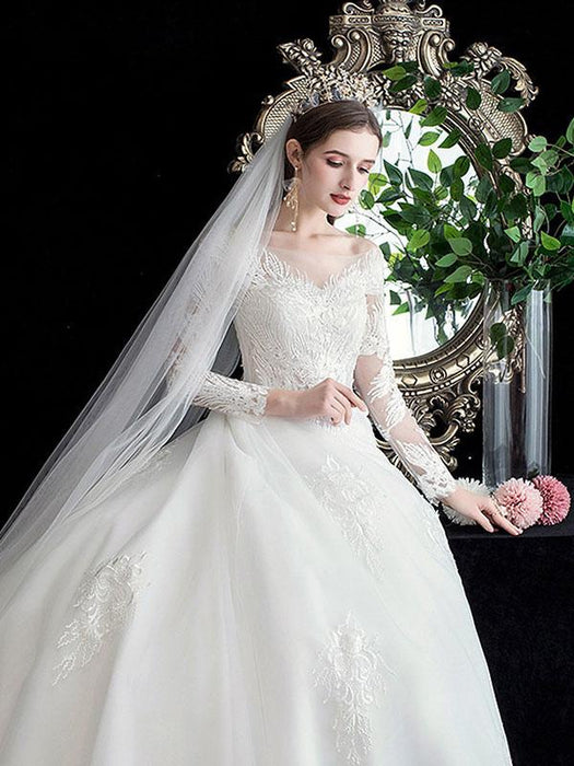 White Wedding Dress Ball Gown Cathedral Train Jewel Neck 3/4 Length Sleeves Natural Waist Applique Satin Fabric Bridal Dresses