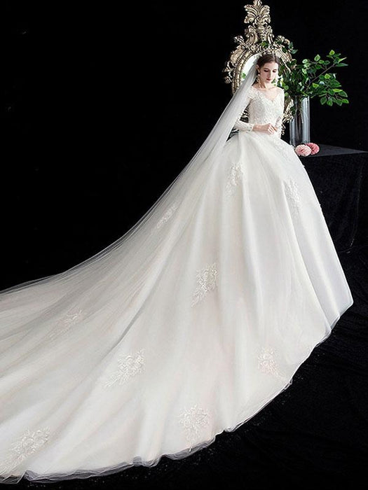 White Wedding Dress Ball Gown Cathedral Train Jewel Neck 3/4 Length Sleeves Natural Waist Applique Satin Fabric Bridal Dresses