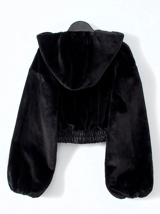 Woman Outerwear Black Hooded Long Sleeves Casual Woolen Coat