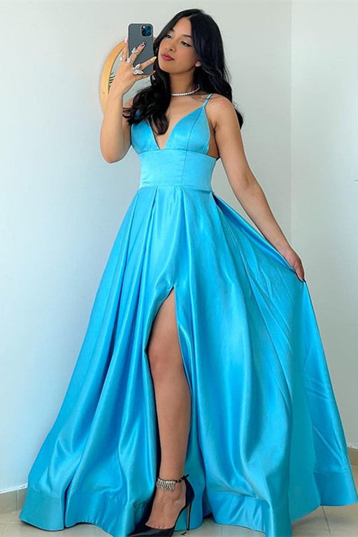 Ocean Blue Dreamy Spaghetti Strap Prom Gown