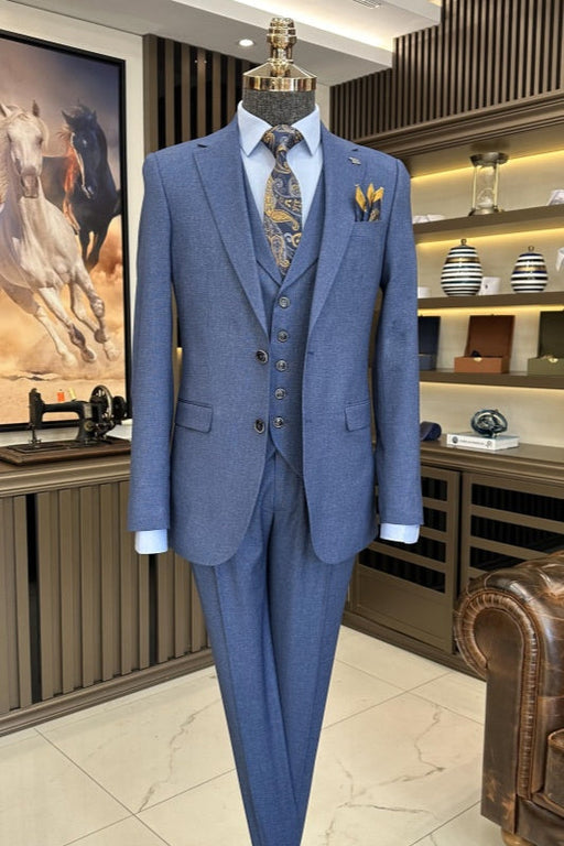 Grant Ocean Blue Notched Lapel Three Pieces Business Men Suits