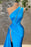 Ocean Blue One Shoulder Evening Dress Mermaid Long with Split