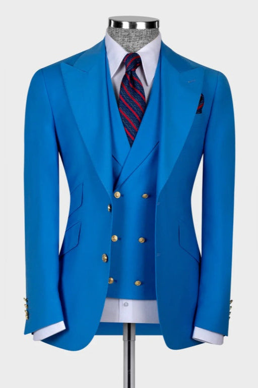 King Ocean Blue Peaked Lapel Three Pieces Wedding Men Suits