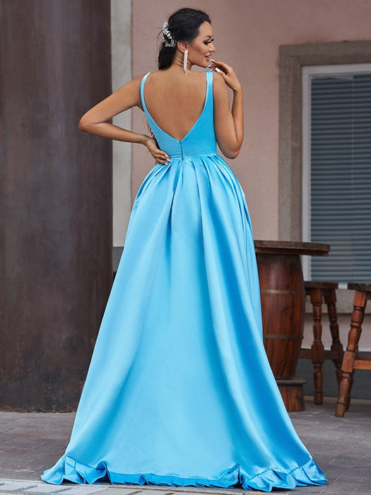 Ocean Blue V-Neck Sleeveless Prom Dress