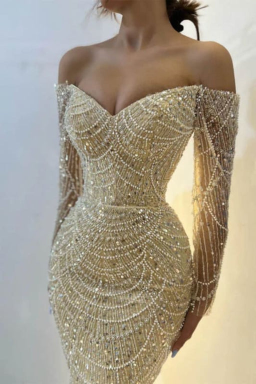 Off Shoulder Long Sleeves Mermaid Prom Dress Beadings Long Evening Dress