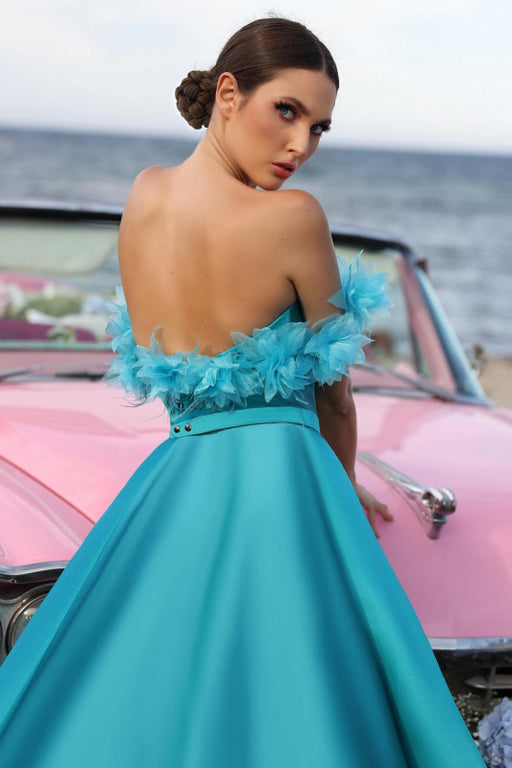 Off-the -Shoulder A-Line High Split Ruched Satin Prom Dress