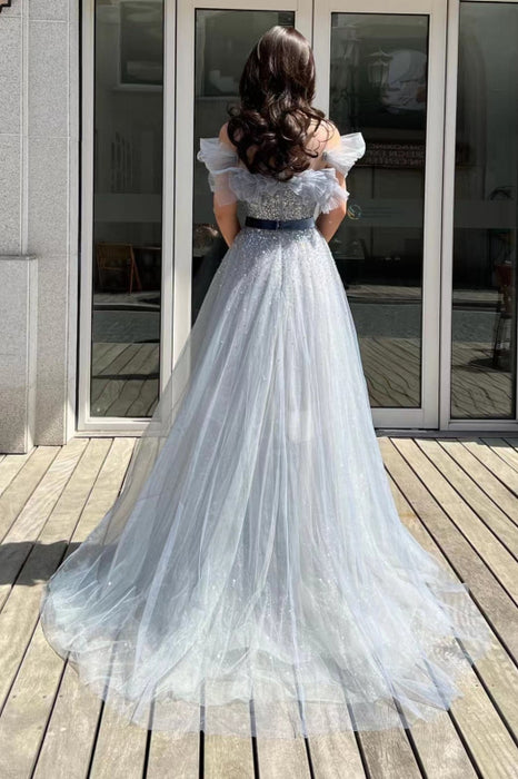 Off-The-Shoulder A-Line Sequins Tulle Prom Dress With Belt Beads