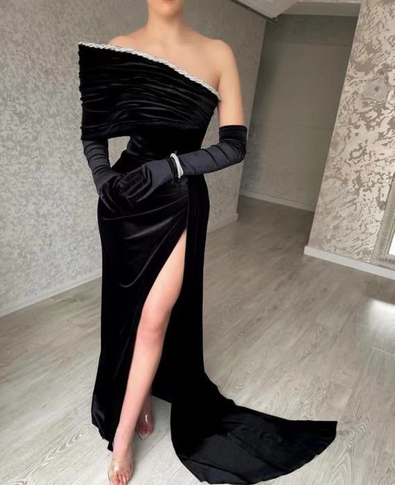 Off-the-Shoulder Black Satin Prom Dress with Gloves