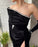 Off-the-Shoulder Black Satin Prom Dress with Gloves