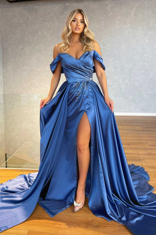 Off-the-Shoulder Blue Split Prom Dress Overskirt with Beadings