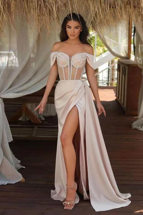 Off The Shoulder Champagne Mermaid Prom Dress with Beadings Split and Ruffles