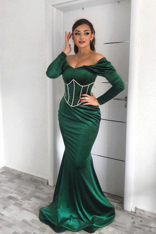 Off-The-Shoulder Dark Green Long Sleeves Mermaid Prom Dress