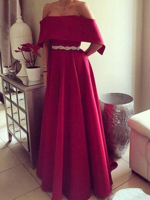 Off-The-Shoulder Floor-Length With Sash/Ribbon/Belt Satin Dresses - Prom Dresses