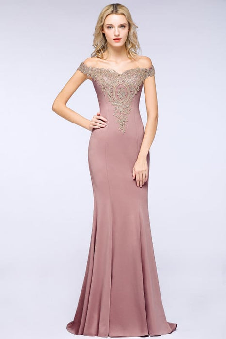 Off-the-Shoulder Formal Gown Gold Lace Applique Floor Length Mermaid Evneing Dress - Dusty Rose / US 2 - Prom Dresses