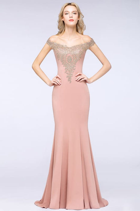 Off-the-Shoulder Formal Gown Gold Lace Applique Floor Length Mermaid Evneing Dress - Rose Gold / US 2 - Prom Dresses