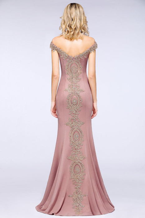 Off-the-Shoulder Formal Gown Gold Lace Applique Floor Length Mermaid Evneing Dress - Prom Dresses