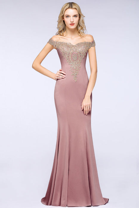 Off-the-Shoulder Formal Gown Gold Lace Applique Floor Length Mermaid Evneing Dress - Dusty Rose / US 2 - Prom Dresses