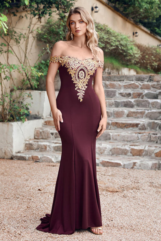 Off-the-Shoulder Formal Gown Gold Lace Applique Floor Length Mermaid Evneing Dress - Burgundy / US 2 - Prom Dresses