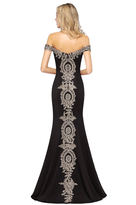 Off-the-Shoulder Formal Gown Gold Lace Applique Floor Length Mermaid Evneing Dress - Prom Dresses