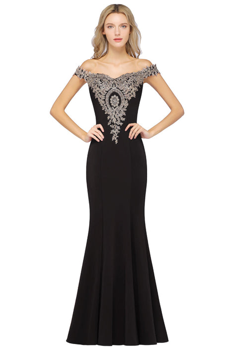 Off-the-Shoulder Formal Gown Gold Lace Applique Floor Length Mermaid Evneing Dress - Dark Navy / US 2 - Prom Dresses