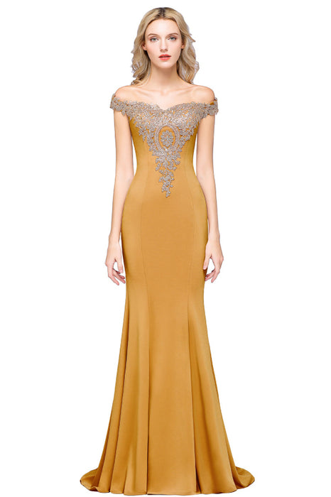 Off-the-Shoulder Formal Gown Gold Lace Applique Floor Length Mermaid Evneing Dress - Mustard / US 2 - Prom Dresses