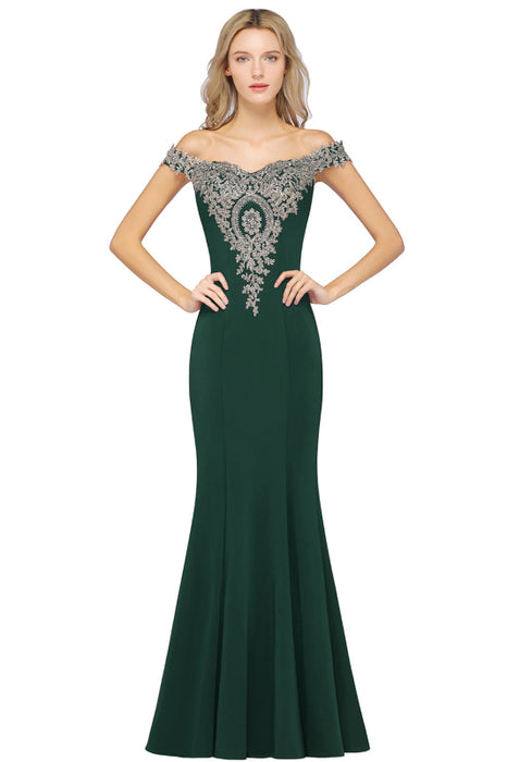 Off-the-Shoulder Formal Gown Gold Lace Applique Floor Length Mermaid Evneing Dress - Dark Green / US 2 - Prom Dresses