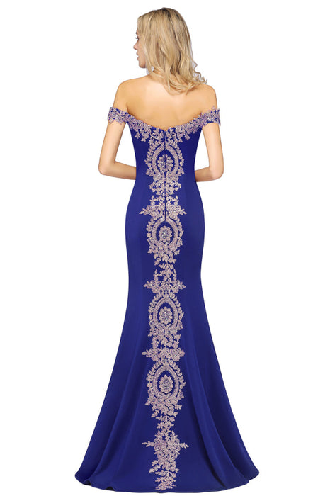 Off-the-Shoulder Formal Gown Gold Lace Applique Floor Length Mermaid Evneing Dress - Prom Dresses