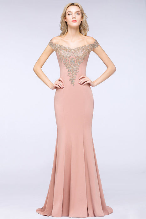 Off-the-Shoulder Formal Gown Gold Lace Applique Floor Length Mermaid Evneing Dress - Rose Gold / US 2 - Prom Dresses