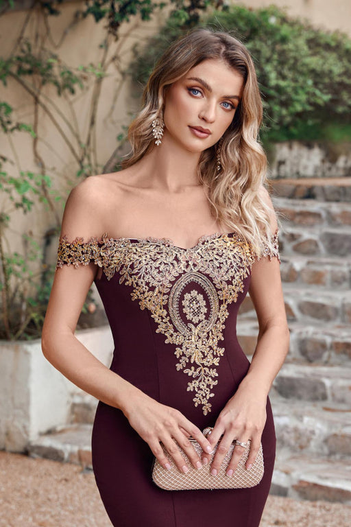 Off-the-Shoulder Formal Gown Gold Lace Applique Floor Length Mermaid Evneing Dress - Prom Dresses