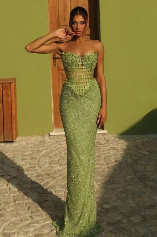 Off-the-shoulder Green Long Mermaid Prom Dress with Beadings