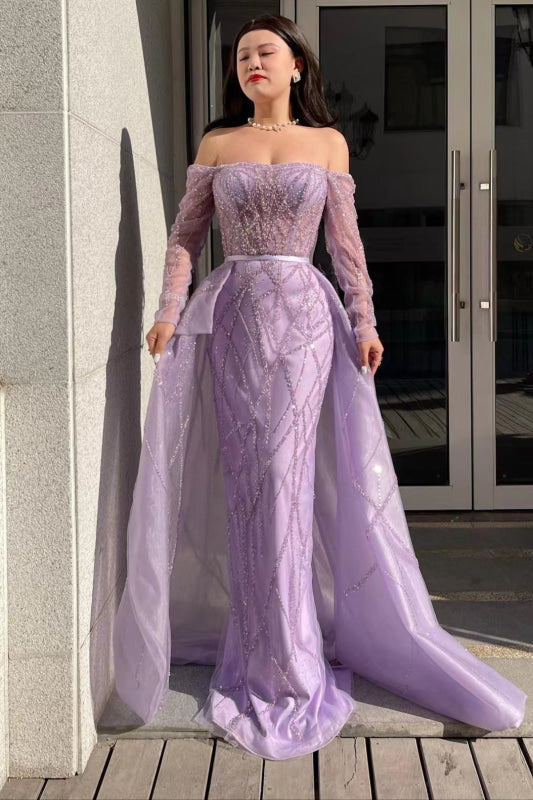 Off-The-Shoulder Long Sleeves Lilac Tulle Prom Dress Mermaid With Beads