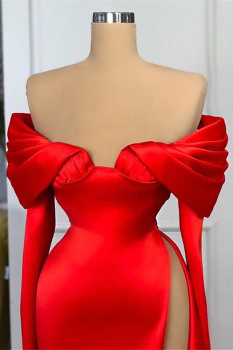 Off-The-Shoulder Long Sleeves Prom Dress Split Mermaid in Red