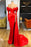 Off-The-Shoulder Long Sleeves Prom Dress Split Mermaid in Red