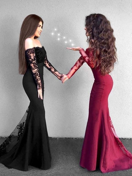 Sleeves Off-The-Shoulder Sweep/Brush Train With Applique Satin Dresses - Prom Dresses
