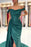 Off-the-Shoulder Mermaid Long Prom Dress Split With Ruffles in Dark Green