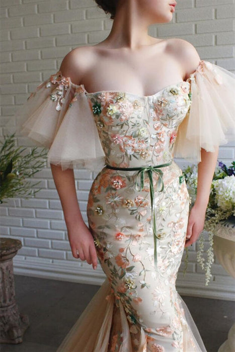 Off-The-Shoulder Mermaid Strapless Evening Dress With Flowers Beadings and Appliques