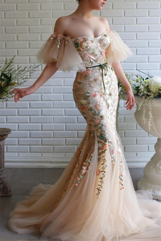 Off-The-Shoulder Mermaid Strapless Evening Dress With Flowers Beadings and Appliques