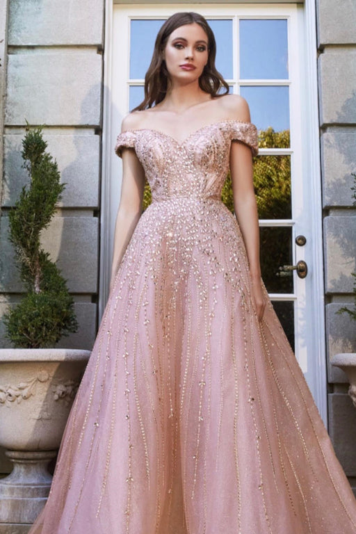 Off-The-Shoulder Pink Sweetheart Prom Dress With Beads and Sequins Tulle