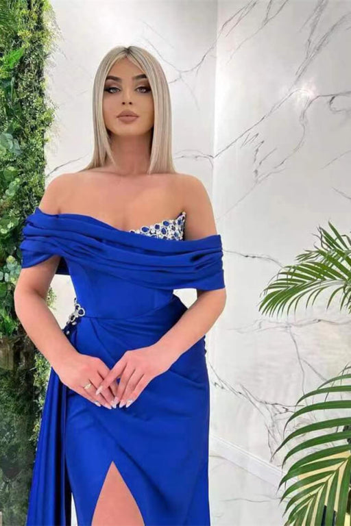 Off-The-Shoulder Prom Dress: Royal Blue Mermaid Split with Ruffles