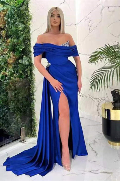 Off-The-Shoulder Prom Dress: Royal Blue Mermaid Split with Ruffles