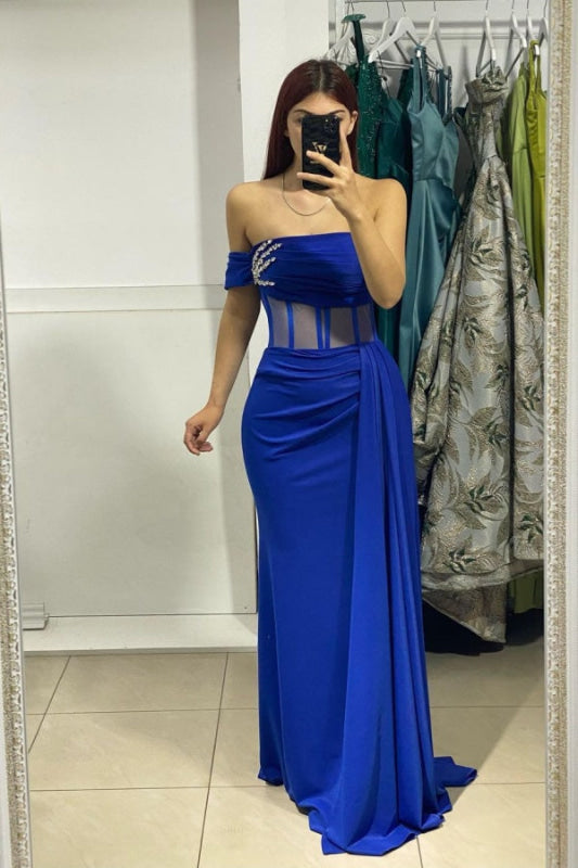 Off The Shoulder Prom Dress Strapless Sequin Applique in Royal Blue