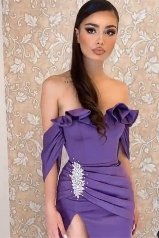 Off-the-Shoulder Purple Prom Dress with Split