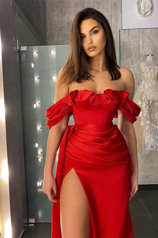 Off-the-Shoulder Red Prom Dress with Long Slit and Ruffles