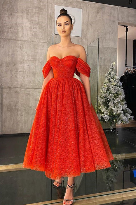 Off-the-Shoulder Red Sequins Prom Dress