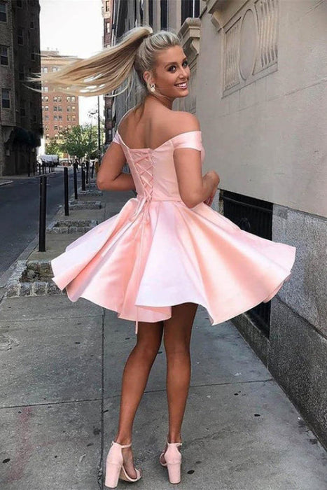 Off-the-Shoulder Ruched Satin Short Homecoming Dresses Sleeveless Knee Length Party Dress - Prom Dresses