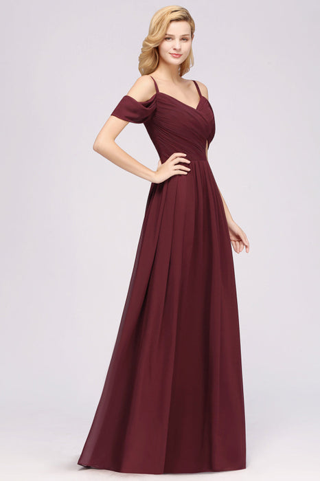 Bridelily Chic Off-the-shoulder Burgundy Bridesmaid Dress with Spaghetti Straps